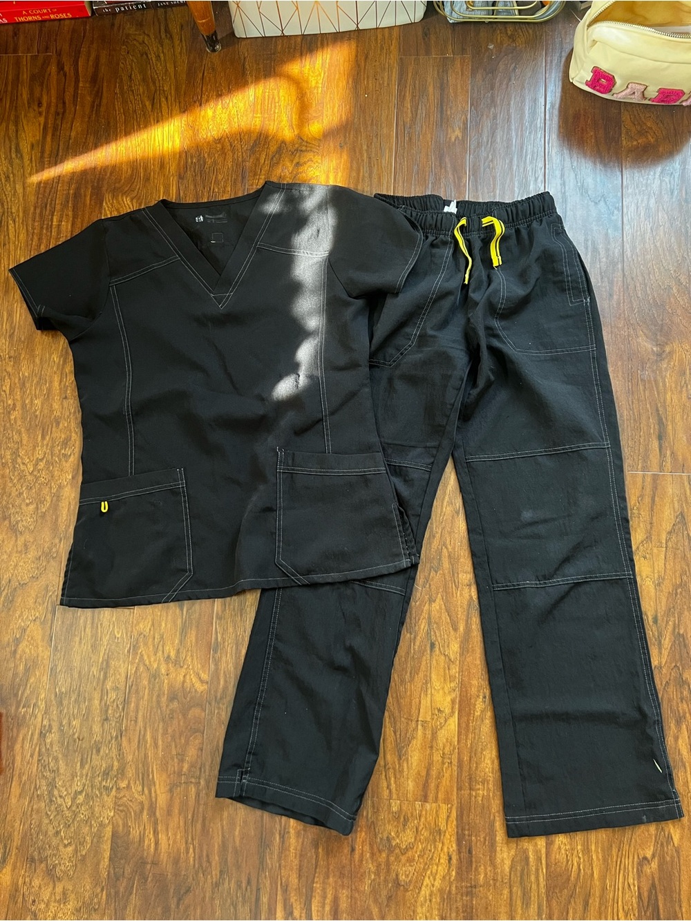 WonderWink Black Scrub Pants with Yellow Drawstring